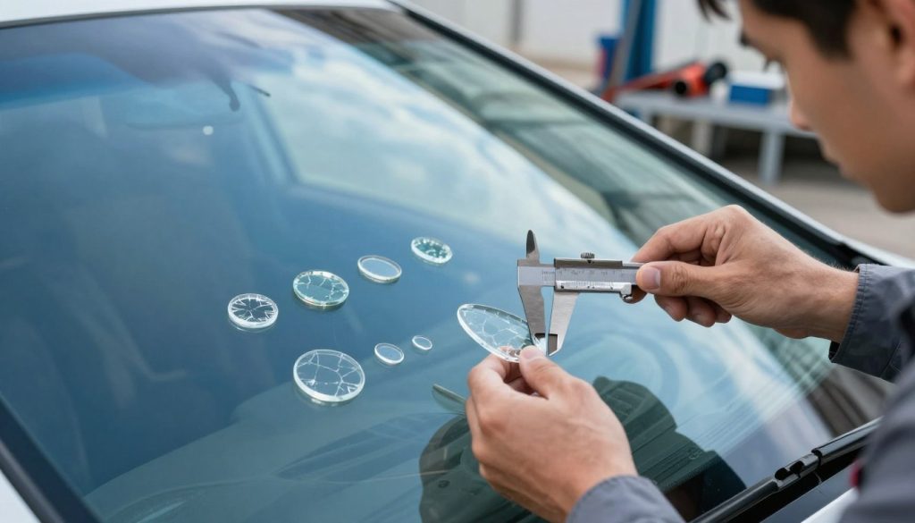A close-up view of a windshield featuring several different sizes of chips, arranged neatly for comparison. In the foreground, a clear, detailed image of a technician in professional attire, carefully examining a medium-sized chip with a caliper, demonstrating the repair process. The middle of the image should show a vibrant blue sky reflecting on the windshield, emphasizing clarity. In the background, a blurred auto repair shop can be seen with tools and repair equipment, enhancing the context. Soft, natural lighting creates a well-lit atmosphere, highlighting the intricate details of the glass and the technician's focused expression. The shot is taken at a slight angle to capture the depth and size of the chips against the windshield's surface.