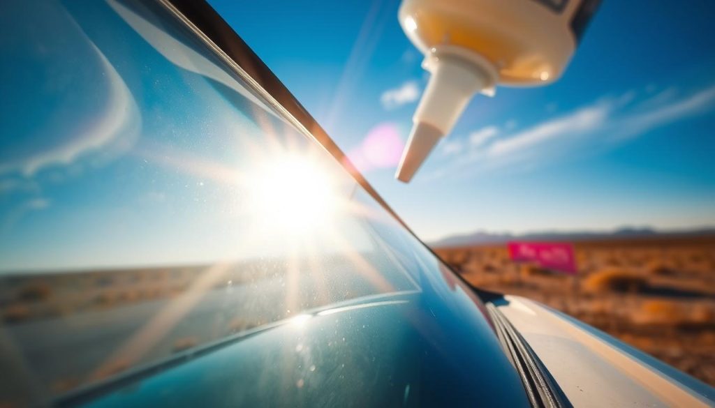A close-up view of a windshield undergoing the adhesive curing process in the sweltering Texas heat. In the foreground, focus on the windshield edge where adhesive is applied, showing the texture of the glue and the glass surface. In the middle, depict a bright, sun-soaked Texas landscape with a blazing sun casting sharp shadows, highlighting the impact of heat on the curing process. The background should feature a blue sky, with distant heat waves shimmering in the air. Use natural lighting to emphasize the glossy surface of the windshield and the clarity of the adhesive. The atmosphere should feel intense and hot, illustrating the environmental conditions affecting glass bonding, capturing the essence of the Texas heat.