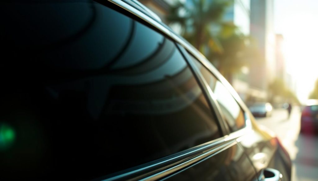 A close-up view of advanced ceramic window tint technology applied to a sleek, modern car. In the foreground, focus on the smooth surface of the tinted glass, reflecting sunlight with a subtle iridescent sheen. The middle section features a cross-section of the tint, showcasing its layered composition, illustrating the protective qualities against UV rays. The background includes a blurred urban setting with bright sunlight pouring through, highlighting how the tint shields the interior while enhancing privacy. Soft, diffused lighting captures the nuances of the ceramic particles, creating a sophisticated, high-tech mood. Ensure a professional atmosphere, evoking innovation and elegance without human subjects.