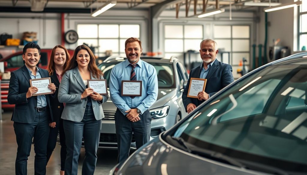 A collage of satisfied customers standing next to their freshly repaired vehicles, highlighting the quarter glass replacement service. In the foreground, a diverse group of three people, dressed in professional business attire, share smiles of satisfaction while holding small plaques representing their testimonials. The middle ground features two vehicles with clear, pristine quarter glass installations, showcasing the quality of repairs. The background includes a bustling auto glass shop with tools and equipment visible, emphasizing a sense of professionalism and reliability. Soft, natural lighting illuminates the scene to convey a warm, inviting atmosphere. The angle is slightly tilted to capture both the human expressions and the quality of the repair work, enhancing the sense of trust and satisfaction from the customers.