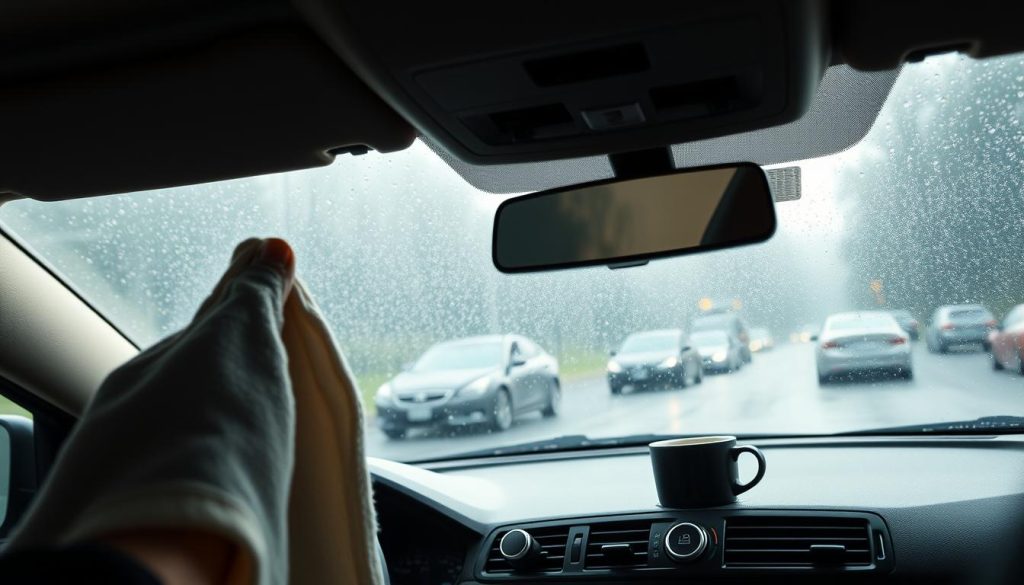 A cozy interior of a car during a rainy day, focused on a driver's side view with a lightly fogged windshield. In the foreground, show a hand wielding a small towel, gently wiping away fog from the glass. The middle ground features the dashboard with a temperature control knob set to defrost mode, and a steaming cup of coffee resting in the cup holder. The background reveals blurred rain-soaked scenery outside the window, emphasizing the contrast to the warm, inviting interior. Soft, diffused natural light streams through the windshield, creating a serene atmosphere. The car's interior is styled in modern, simplistic elegance, enhancing the sense of a quick, efficient fix to the foggy situation.