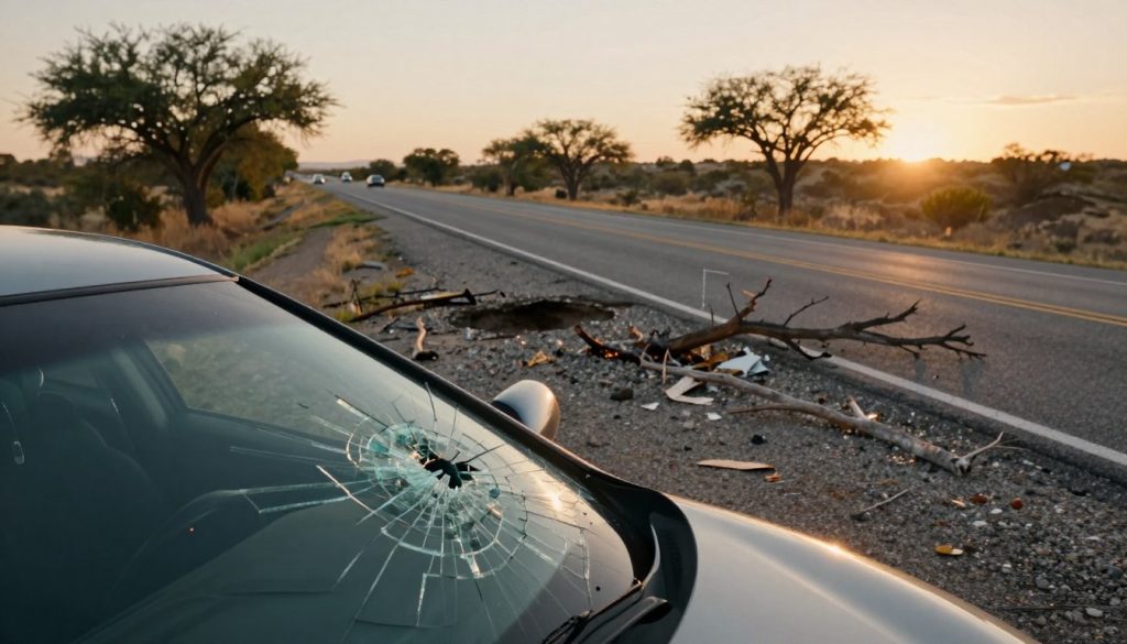 A detailed and dynamic roadside scene depicting common windshield hazards encountered on Texas roads. In the foreground, showcase a cracked windshield of a car with vivid shards reflecting sunlight, emphasizing the damage. In the middle ground, illustrate various hazards like loose gravel and a neglected pothole, alongside storm debris and fallen branches scattered on the asphalt. The background should feature a sun-setting Texas landscape with an expansive road lined by mesquite trees and distant hills, bathed in warm golden hour lighting. The mood is tense yet relatable, capturing the everyday risks drivers face. Use a wide-angle perspective to enhance the depth and drama of the scene, focusing on clarity and realism without any text or distractions.