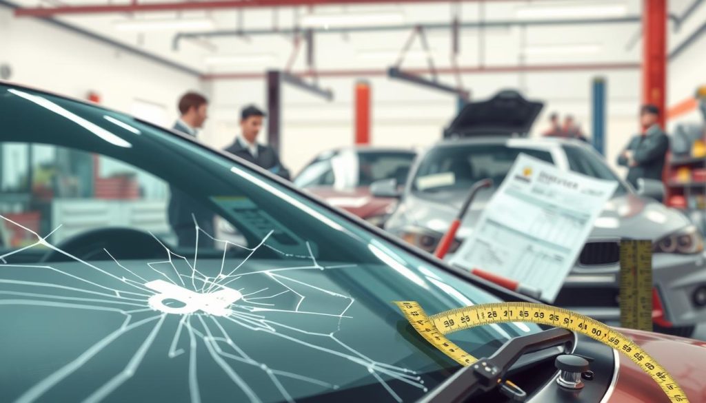 A detailed and informative illustration depicting the various factors influencing windshield repair cost. In the foreground, feature a close-up image of a cracked windshield with a measuring tape beside it. In the middle ground, show elements like a calculator, invoices, and tools used for auto glass repair, emphasizing the financial and technical aspects. In the background, subtly include a car workshop setting with mechanics in professional attire discussing repairs. The lighting should be bright and even, resembling a well-lit garage, to create a clear and professional atmosphere. The overall mood should be informative and practical, conveying the complexities of windshield repair costs in a straightforward manner.