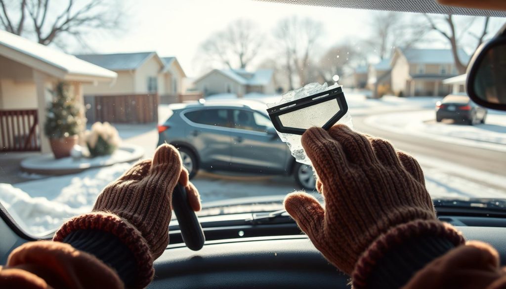 A detailed and informative scene illustrating winter windshield care techniques in a San Antonio setting. In the foreground, a pair of hands, wearing warm, practical gloves, are using a sturdy ice scraper to clear frost from a car windshield. In the middle ground, a compact SUV parked in a driveway shows icicles melting under soft winter sunlight, hinting at warmer weather. In the background, a suburban neighborhood lightly dusted with snow and frost highlights the unique Texas winter landscape. The lighting is bright and inviting, casting gentle shadows that emphasize the winter scene's calmness. The atmosphere is practical and focused, creating an engaging visual for drivers seeking guidance on maintaining their windshields during winter.