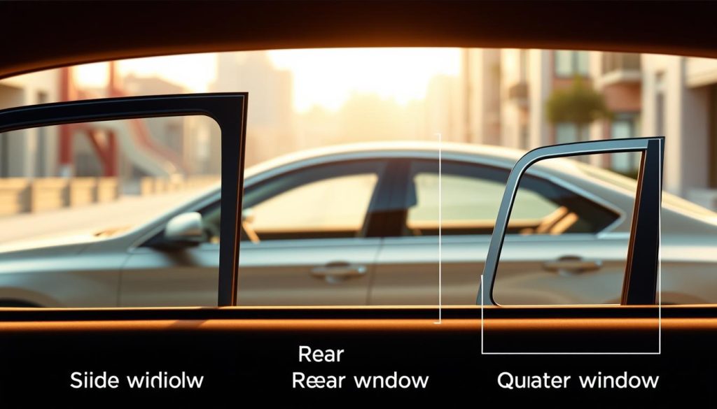 A detailed illustration showcasing the differences between side, rear, and quarter car windows, viewed from a slightly elevated angle. In the foreground, there are three distinct car window sections: a side window, a rear window, and a quarter window, each labeled with clear lines for distinction. The middle ground features a sleek modern vehicle in a soft, diffused daylight, highlighting the glass reflections and contours. The background is a blurred urban setting, incorporating hints of San Antonio architecture, creating a realistic atmosphere. The lighting is warm, emphasizing the clarity of the glass and showing subtle details like tint variations and edges. The mood is informative and professional, designed to visually aid understanding of automotive window types.