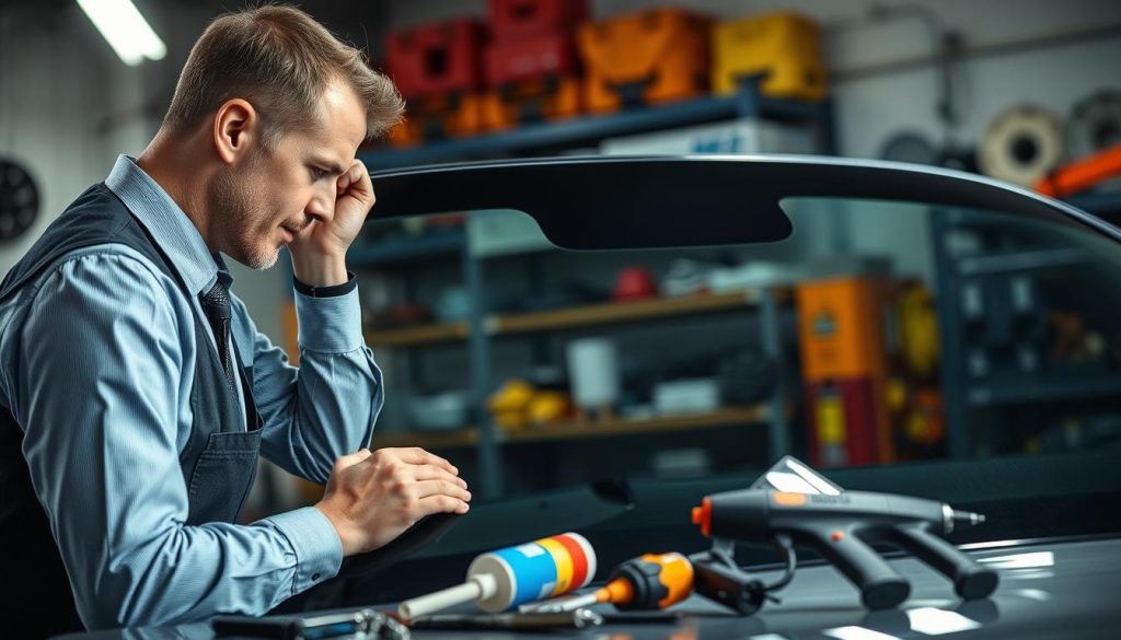 A detailed view of the rear windshield installation process in a well-lit automotive workshop. In the foreground, a skilled technician in professional business attire carefully aligns the new back glass with the vehicle frame, showcasing the precision of the installation. In the middle ground, various tools such as a suction cup, adhesive sealant, and a heat gun are arranged on a workbench, emphasizing the technical aspects of the job. The background features shelves filled with car parts and safety gear, adding depth to the scene. The ambient lighting is bright and focused, enhancing the clarity of the installation process, and the angle captures the technician's focused expression and the intricate details of the windshield being installed, conveying a sense of professionalism and safety.