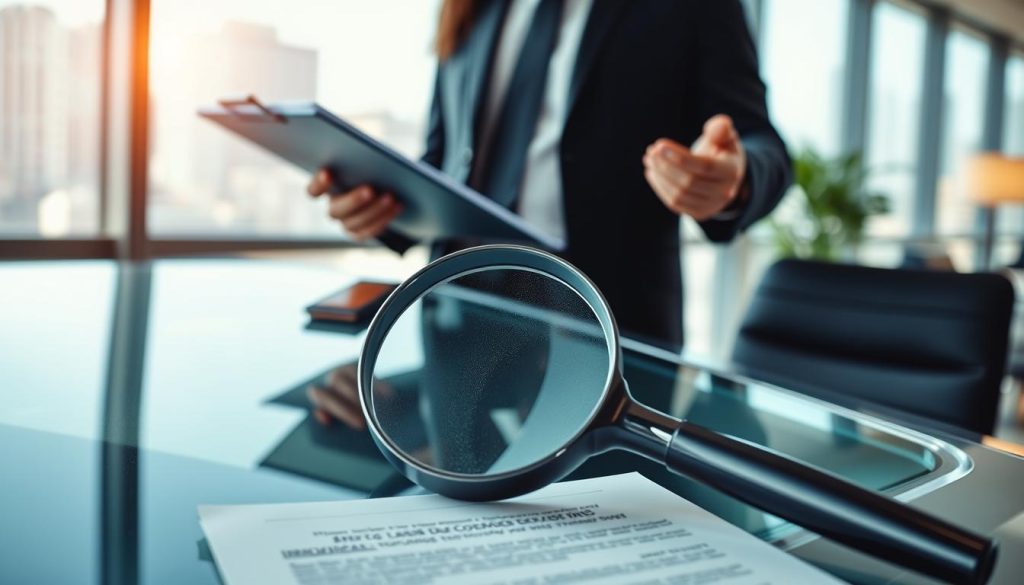 A detailed visual representation of auto glass deductible coverage, showcasing a modern office environment. In the foreground, a professional in business attire examines a clipboard filled with insurance documents, emphasizing the importance of understanding coverage options. The middle ground features a sleek table with a magnifying glass, highlighting a clear auto glass windshield with visible deductible terms printed on a piece of paper beside it. The background includes a window with soft, natural lighting illuminating the space, and a blurred view of a cityscape, conveying a professional atmosphere. The overall mood is focused and informative, inviting viewers to delve into the nuances of insurance policy details.