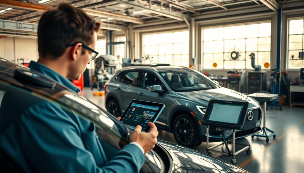 A high-tech vehicle is positioned in a well-lit automotive workshop, showcasing the calibration process for Advanced Driver Assistance Systems (ADAS). In the foreground, a technician in professional attire uses a diagnostic tablet, focused on the vehicle's windshield and sensors. In the middle ground, specialized calibration equipment and tools are neatly arranged, reflecting an organized work environment. The background features large windows allowing natural light to illuminate the space, with an array of automotive parts and calibration targets visible. The atmosphere is one of precision and professionalism, with a focus on technical expertise and attention to detail. The image captures the essence of modern automotive calibration, emphasizing the intricate relationship between technology and vehicle safety.