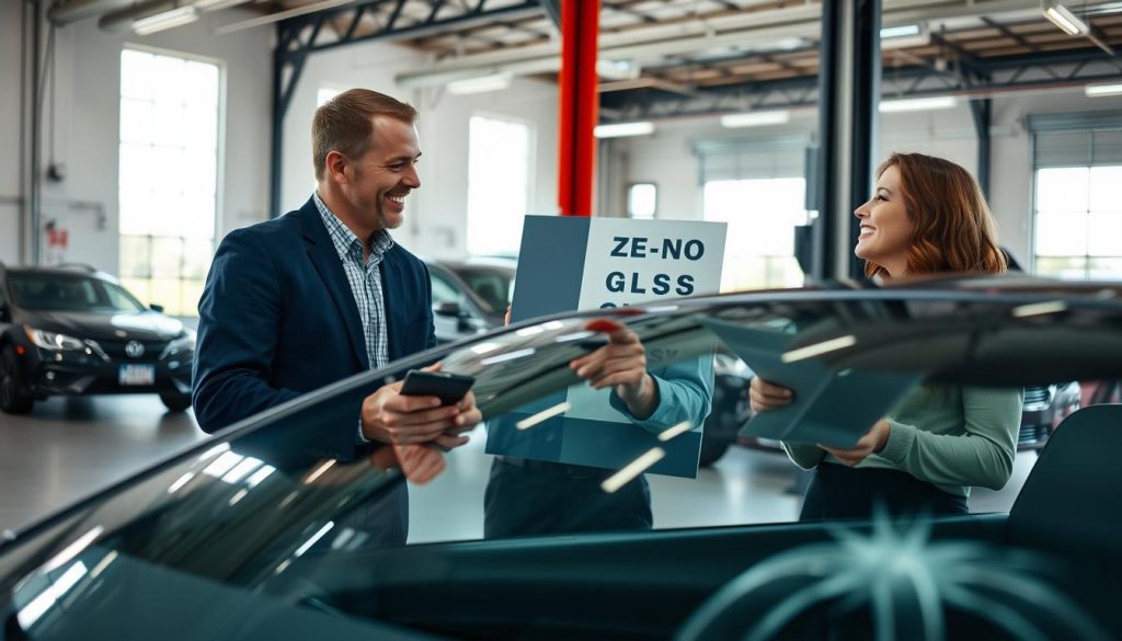 A modern Texas auto repair shop with a focus on windshield repairs, featuring a customer smiling while discussing with a professional technician in business attire. The foreground shows a close-up of a clear, pristine windshield with no visible damage, symbolizing the concept of zero deductible glass coverage. In the middle ground, the technician is pointing to a promotional poster detailing no deductible policies, while the customer holds a clipboard, conveying engagement and satisfaction. The background includes other vehicles in the shop and bright, natural lighting streaming through large windows, creating a welcoming and professional atmosphere. The image should evoke trust, clarity, and efficiency in service.