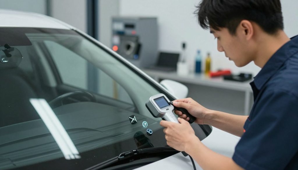 A modern auto repair workshop setting featuring a technician in a professional uniform carefully calibrating an Advanced Driver Assistance System (ADAS) on a windshield replacement vehicle. In the foreground, focus on the technician's hands interacting with a specialized ADAS calibration tool. The middle ground includes the vehicle with a partially installed windshield, showcasing clear details of the camera and sensors embedded within it. In the background, soft lighting illuminates the workshop, highlighting various car repair equipment and tools. The atmosphere is professional and focused, conveying the importance of accuracy and precision in the calibration process, with smooth shadows and a slight depth-of-field effect for a refined visual depth. A modern auto repair workshop setting featuring a technician in a professional uniform carefully calibrating an Advanced Driver Assistance System (ADAS) on a windshield replacement vehicle. In the foreground, focus on the technician's hands interacting with a specialized ADAS calibration tool. The middle ground includes the vehicle with a partially installed windshield, showcasing clear details of the camera and sensors embedded within it. In the background, soft lighting illuminates the workshop, highlighting various car repair equipment and tools. The atmosphere is professional and focused, conveying the importance of accuracy and precision in the calibration process, with smooth shadows and a slight depth-of-field effect for a refined visual depth.