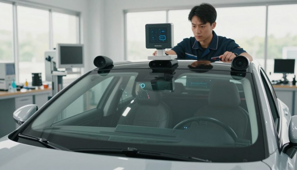A modern automotive windshield displaying advanced technology features, centered in the foreground. The windshield is equipped with sensors and camera systems, highlighting intricate details like embedded heating elements and an adaptive tinting mechanism. In the middle ground, a technician wearing a professional uniform is calibrating the windshield using high-tech diagnostic equipment, focused and precise. The background features an automotive repair shop with organized tools and a bright, clean atmosphere. Natural light streams in through large windows, creating a hopeful and technical ambiance. The image is shot from a slightly low angle to emphasize the innovative windshield technology, creating an engaging and informative visual that captures the essence of modern automotive repair.