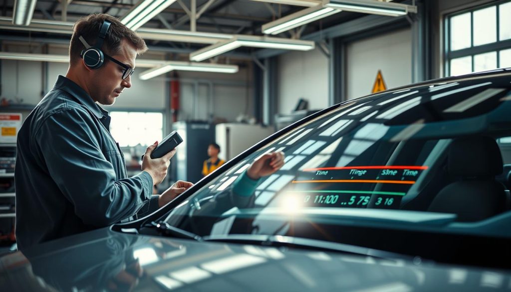A modern automotive workshop scene focused on ADAS calibration and vehicle safety. In the foreground, a professional technician in a clean, well-fitted mechanic's uniform is calibrating advanced driver-assistance systems on a sleek vehicle using high-tech tools. The middle ground features a detailed view of the vehicle's windshield, emphasizing the adhesive application process in extreme Texas heat, with a focus on the curing time indicators. The background showcases an organized workshop with diagnostic equipment and safety signs, bathed in natural daylight streaming through large windows. The atmosphere is one of diligence and precision, conveying the importance of vehicle safety. Use a slightly low-angle perspective to highlight the technician's concentration.