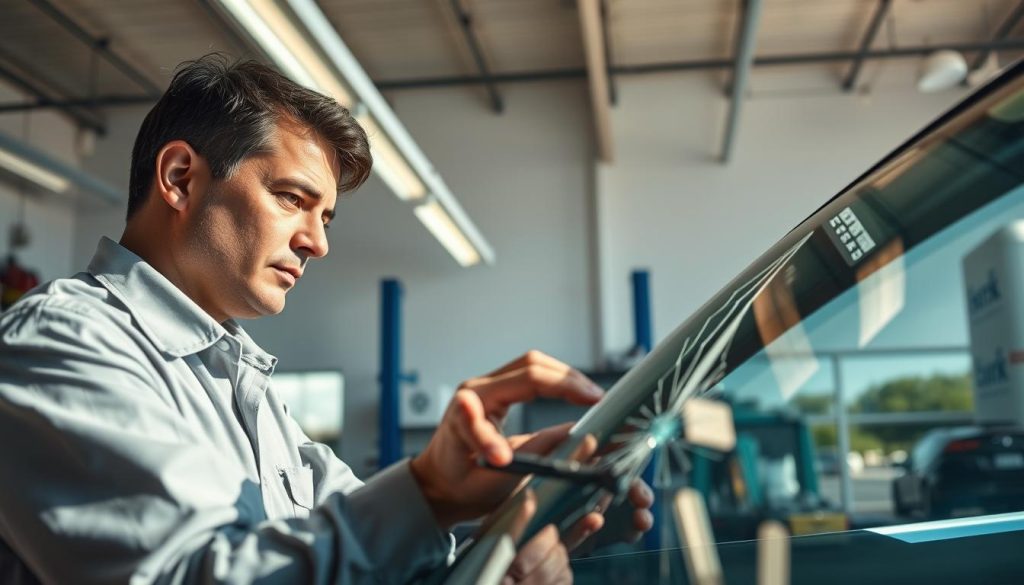 A professional auto glass repair shop named "Miracle Auto Glass" in San Antonio, Texas. In the foreground, a skilled technician, wearing a crisp uniform, is focused on repairing a cracked windshield using specialized tools. The technician has a determined expression, highlighting their expertise. In the middle ground, a modern workshop is visible, showcasing various glass repair equipment and neatly arranged tools. The background features a bright, sunny day with clear blue skies, adding an optimistic ambiance. Soft, natural lighting filters through the workshop windows, creating a warm and inviting atmosphere. The angle is slightly elevated, providing a dynamic view of both the technician and their workspace, emphasizing the importance of professional windshield repair.