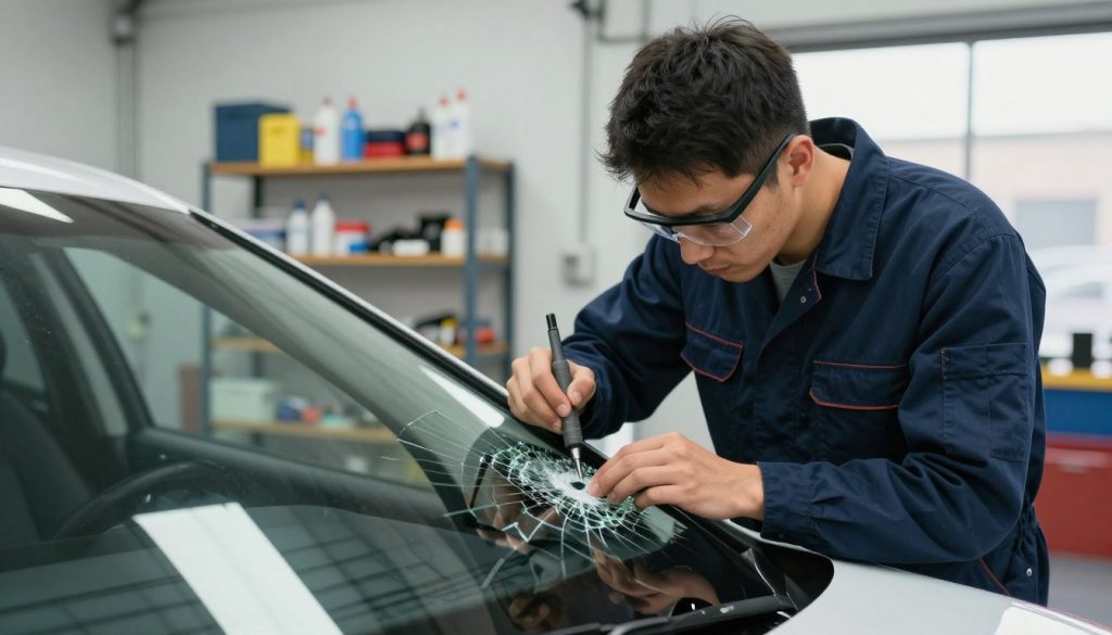 A professional auto glass repair technician in a workshop, focused on a cracked windshield on a modern vehicle. The technician, dressed in a navy blue coverall and safety glasses, is carefully applying resin to the crack with specialized tools. In the foreground, a detailed view of the cracked windshield shows precision work. The middle ground features shelves with various auto glass repair supplies, such as adhesives and tools, while the background showcases a well-lit garage environment with a large window letting in natural light. The atmosphere is professional and focused, emphasizing the careful technique of windshield repair. The image captures a sense of trust and expertise in the auto glass service industry, highlighting the essential decision of repair or replacement.