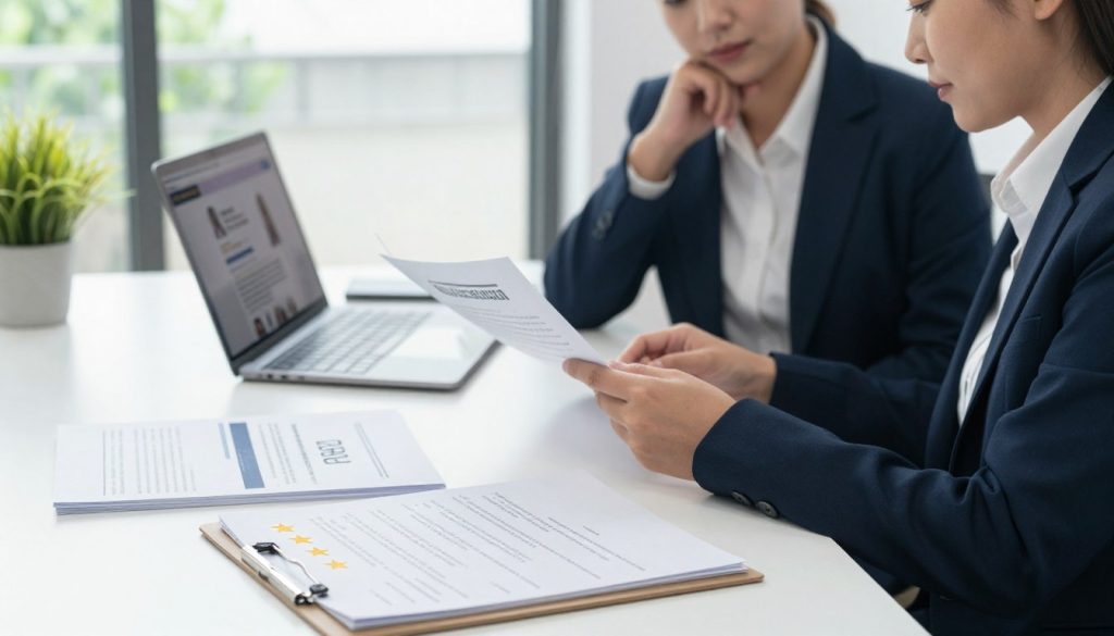 A professional auto glass service scene in an office setting, showcasing a clean desk with documents and brochures related to insurance and warranties. In the foreground, a clipboard displays positive reviews with stars while a laptop shows a website with customer testimonials. In the middle, a well-dressed business person, either male or female, is analyzing documents with a thoughtful expression. In the background, a large window allows natural light to flood the space, creating a welcoming atmosphere. The mood is one of trust and professionalism, highlighting the importance of reliable service. The angle is slightly elevated, capturing a clear view of the desk and the professional engaged in work, creating an air of competence and transparency.