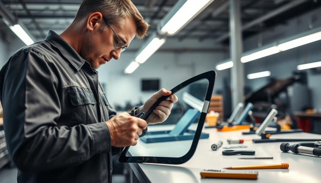 A professional auto glass technician working meticulously on a quarter glass replacement in a well-lit workshop. In the foreground, the technician, dressed in a neat uniform, carefully applies adhesive to the edges of a new quarter glass while using precise tools. The middle section showcases a clean workbench with various glass repair tools and materials, emphasizing the attention to quality assurance. In the background, bright LED lights illuminate the workspace, highlighting the pristine condition of the workshop. The ambiance is professional and focused, conveying a sense of expertise and reliability in auto glass repair. The angle is slightly elevated, capturing the technician's concentration, with a soft focus on the tools to bring attention to the craftsmanship involved in the process.