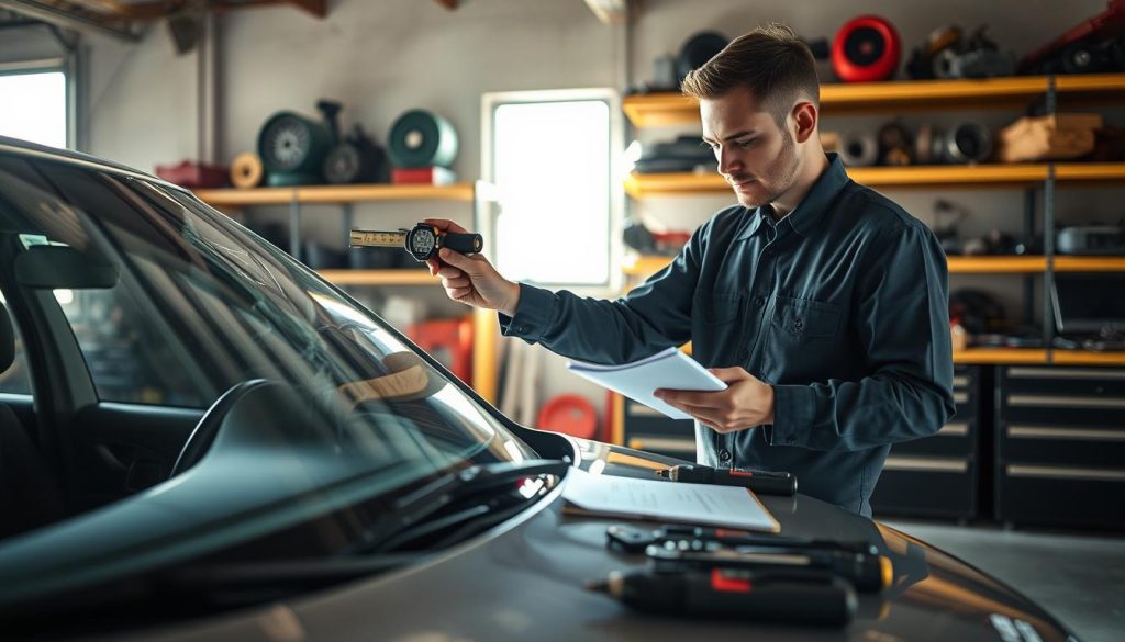 A professional auto technician in a smart uniform, carefully inspecting a cracked windshield on a vehicle in a well-lit garage. In the foreground, the technician is holding a measuring device, documenting the damage with a notepad in hand. The middle ground features the car with visible glass damage and various tools laid out on a workbench, emphasizing an organized workspace. The background showcases shelving filled with auto parts and tools, providing context. Natural sunlight filters through a nearby window, casting soft shadows that enhance the scene. The mood is focused and professional, reflecting the importance of meticulous documentation in the auto repair process.