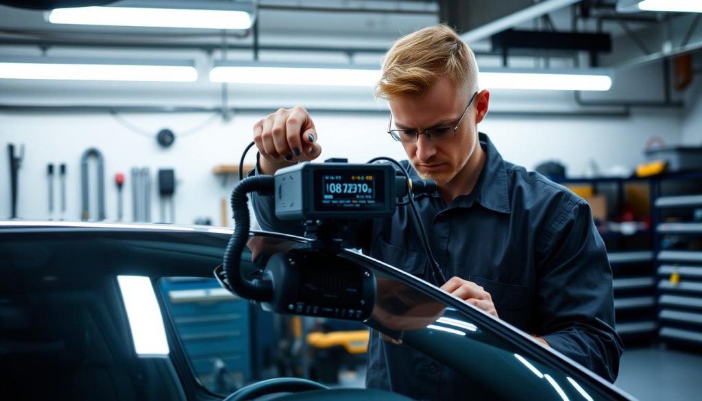 A professional automotive technician calibrating an ADAS system in a modern auto shop, focusing on a vehicle's windshield. In the foreground, the technician, dressed in professional work attire, is intently adjusting calibration equipment connected to the windshield. The middle ground features a sleek, high-tech calibration device with a digital display showing real-time data. In the background, various tools and automotive parts are arranged neatly, along with bright LED lighting highlighting the workspace. The mood is focused and efficient, conveying expertise and precision. The image is shot from a slightly elevated angle, capturing the technician’s concentration and the meticulous nature of the calibration process in a clean, well-lit environment.