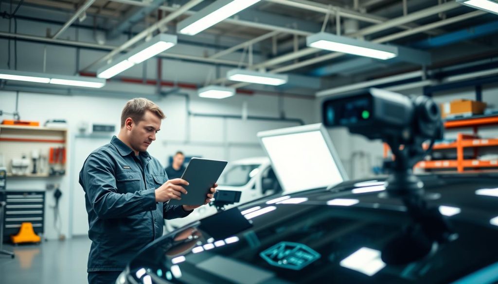 A professional automotive technician in a modern workshop, focusing on calibrating an Advanced Driver Assistance System (ADAS) on a sleek, high-tech vehicle. Foreground features the technician, dressed in a smart uniform, intently working with specialized calibration equipment and a laptop. The middle ground showcases the vehicle with its intricate sensors and cameras, highlighting the ADAS components. The background consists of shop tools and a well-organized workspace, illuminated by bright overhead lights that create a clean and efficient atmosphere. The image conveys a sense of safety and precision, emphasizing the importance of proper calibration in enhancing driver safety. Use a shallow depth of field to keep the technician and ADAS components in sharp focus, while softly blurring the background elements.