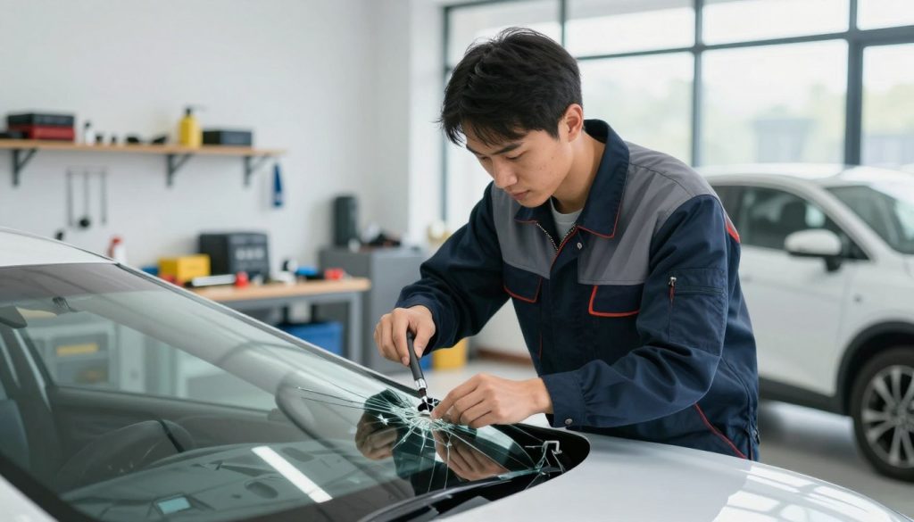 A professional automotive technician in a neat uniform is carefully replacing a cracked windshield on a modern car in a well-lit auto repair shop. The foreground captures the technician's focused expression as they manipulate the glass with precision tools, ensuring safety and proper installation. In the middle ground, various tools and parts associated with windshield replacement are neatly organized on a workbench, conveying a sense of order and professionalism. The background features a clean and bright workshop environment, with natural light streaming in through windows, enhancing the atmosphere of safety and efficiency. The overall mood is one of competence and diligence, emphasizing the importance of proper windshield replacement for visibility and safety.