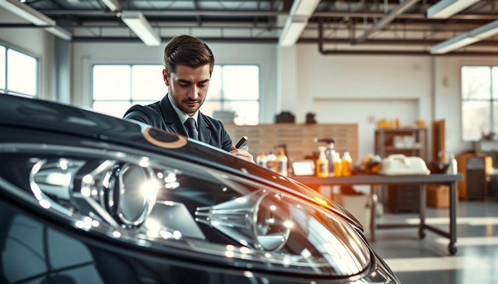 A professional automotive technician in smart business attire is meticulously working on a car's headlights in a well-lit, modern workshop. The foreground features a polished vehicle with clear, shining headlight lenses, demonstrating the headlight restoration process. In the middle, an array of restoration tools and products are neatly organized on a workbench, highlighting expert service. The background displays a clean environment with large windows allowing natural light to flood in, creating a welcoming atmosphere. The technician is focused and demonstrates expertise and care, evoking a sense of trust and professionalism. The overall mood is bright and inviting, emphasizing safety and visibility improvements. The scene is captured from a slightly elevated angle, conveying depth and detail in the setting.
