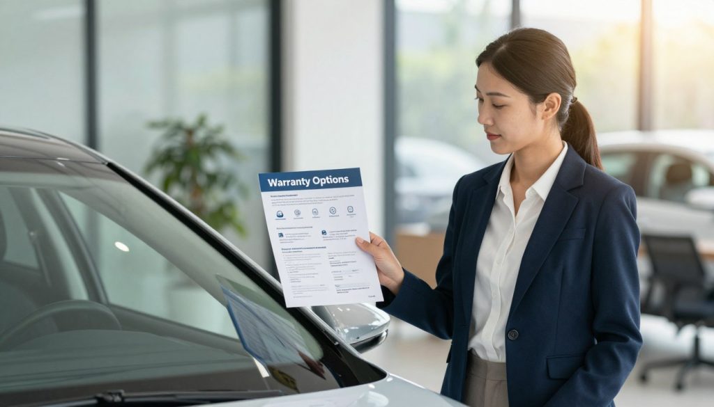 A professional business setting focusing on automotive warranty coverage. In the foreground, a confident insurance agent in smart casual attire stands beside a sleek, modern vehicle with a quality windshield. The middle ground showcases a detailed brochure titled "Warranty Options" featuring various types of coverage plans depicted with icons. The background includes a softly lit office environment with large windows, gently diffusing natural sunlight, creating a warm atmosphere. The mood conveys clarity and ease of understanding, emphasizing trust and professionalism. Capture the scene from a slightly elevated angle to highlight the interplay of elements, ensuring a balanced composition without any text or branding elements present.
