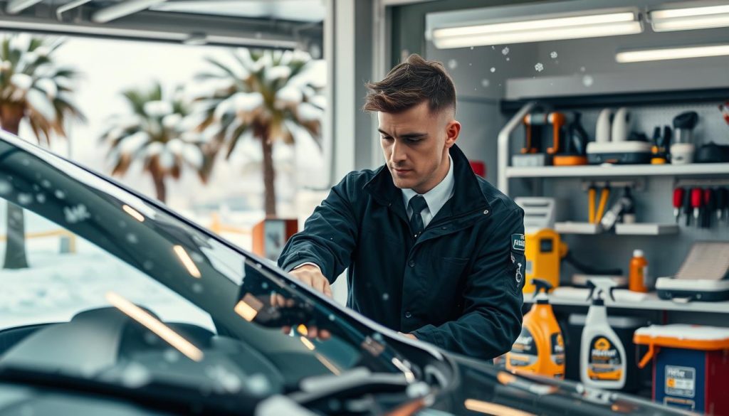 A professional car care service station in San Antonio during winter. In the foreground, a technician in a smart uniform, diligently inspecting a customer's vehicle, ensuring the windshield is clear of ice and debris. In the middle ground, various tools and equipment for winter car care, such as ice scrapers and windshield washer fluid, are neatly arranged. The background showcases the service station with a snow-dusted landscape outside, featuring palm trees unique to San Antonio. Soft, natural lighting highlights the warm atmosphere, while a slight lens blur adds depth. The mood is one of expertise and reliability, reflecting dedicated service in winter conditions. The image should be vibrant and convey professionalism without any text or distractions.
