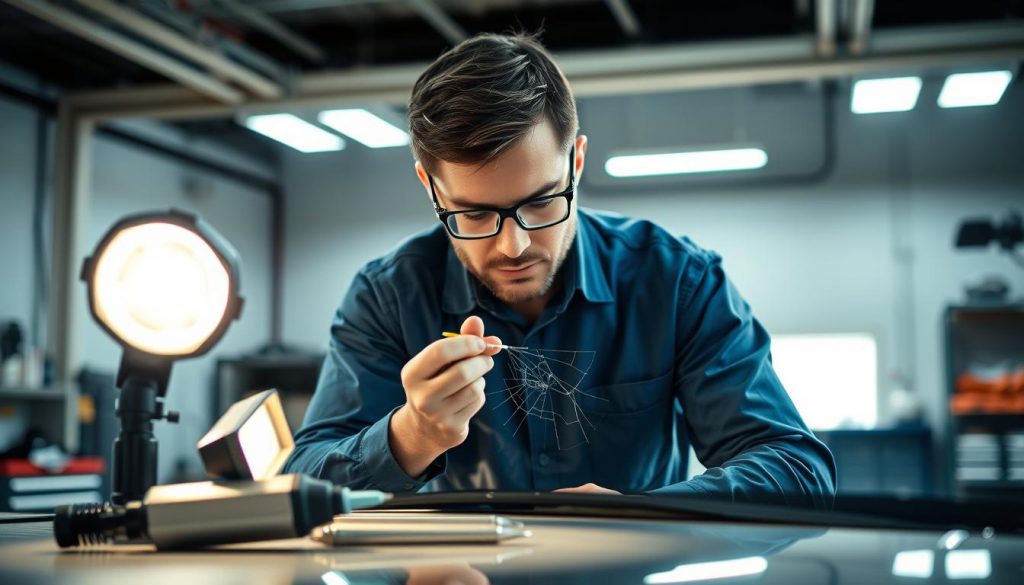 A professional mechanic in a modern garage setting, carefully examining a windshield with visible cracks, wearing a crisp blue shirt and safety glasses. In the foreground, tools like a resin injector and a bright work light are neatly arranged on a bench, emphasizing the theme of repair and prevention. The middle layer showcases the mechanic meticulously applying resin to the cracks in the windshield, with a focus on technique and precision. The background features a well-organized workshop, illuminated by soft overhead lighting, creating a bright and inviting atmosphere. The overall mood conveys expertise and reliability, highlighting the importance of expert tips in preventing windshield cracks from spreading, especially under the harsh Texas weather conditions.