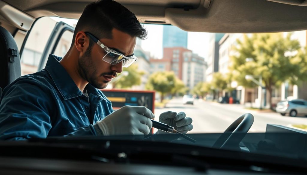 A professional mobile auto glass technician in a neat blue uniform, wearing safety goggles and gloves, focuses intently on repairing a windshield in a modern, well-equipped service van. In the foreground, the technician is using advanced tools, with glass fragments and a repair kit visible nearby. The middle layer features the van's open doors revealing organized tools and equipment, emphasizing mobile convenience. In the background, a sunny San Antonio street is depicted, showcasing vibrant green trees and modern buildings. The lighting is bright and inviting, casting soft shadows, creating a sense of a clear, productive day. The atmosphere conveys professionalism, efficiency, and a strong focus on customer service with a clean and organized space.