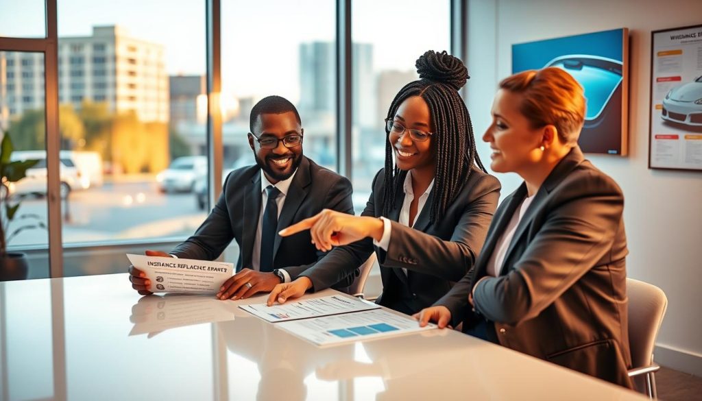 A professional office interior featuring a clean and modern setting for an insurance consultation on auto glass replacement. In the foreground, a diverse group of two people in business attire sit at a sleek table, reviewing documents about insurance options. One person points to a detailed infographic about windshield replacement costs, emphasizing payment plans and insurance benefits. In the middle ground, a large window showcases blurred city life in San Antonio, adding context. The warm, natural light floods the room with a bright, optimistic atmosphere. In the background, colorful charts and framed certificates add an air of professionalism, while a digital screen displays an image of a pristine windshield. The camera angle is slightly elevated to capture both subjects and the informative setting.