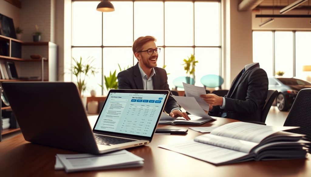 A professional office setting with an open desk, featuring a laptop displaying a scheduling software interface for auto glass replacement. In the foreground, a well-dressed individual, wearing a smart blazer and glasses, is reviewing documents and discussing details with a colleague, all while smiling and engaging in a friendly conversation. The middle ground includes various printed materials about pricing structures and insurance assistance for car window replacement, neatly organized. The background showcases a large window that lets in warm, natural light, illuminating a modern office space with plants and auto glass samples neatly displayed. The atmosphere is professional yet approachable, reflecting a sense of efficiency and customer support in the auto glass service industry. The angle captures the interaction and the workspace dynamic without any distractions or text overlays.
