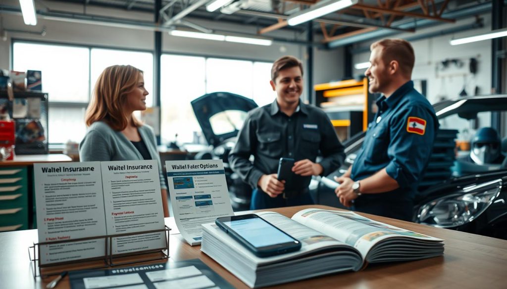 A professional setting depicting an auto glass repair shop, with a focus on various insurance and payment options for windshield repairs. In the foreground, a neatly arranged table displays brochures highlighting different insurance policies, payment plans, and financing options, with a smartphone showing a digital payment app. In the middle ground, a customer in modest casual attire talks with a friendly technician wearing a uniform, both discussing repair options. The background features a well-lit workshop with tools and tools for auto glass repair, along with a prominently placed windshield being worked on. The atmosphere is informative and reassuring, with warm lighting to create a welcoming mood. Use a slightly wide-angle lens to capture the entire scene.