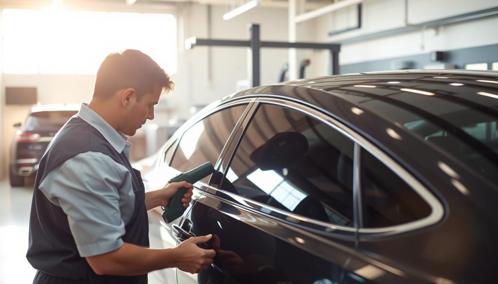 A professional setting where a car technician, dressed in a neat uniform, is carefully maintaining and applying window tint film on a sleek, modern sedan. The foreground features the technician focused on a large side window, with tools like a squeegee and heat gun nearby. In the middle ground, the car gleams under bright, natural light filtering in through a spacious, clean workshop. The background showcases various car maintenance equipment and reflective surfaces, enhancing the environment's professionalism. The lighting is warm and inviting, creating a sense of diligence and care. The image should evoke a mood of meticulous vehicle upkeep and protection against UV exposure, reflecting the importance of maintaining tinted windows for car longevity.