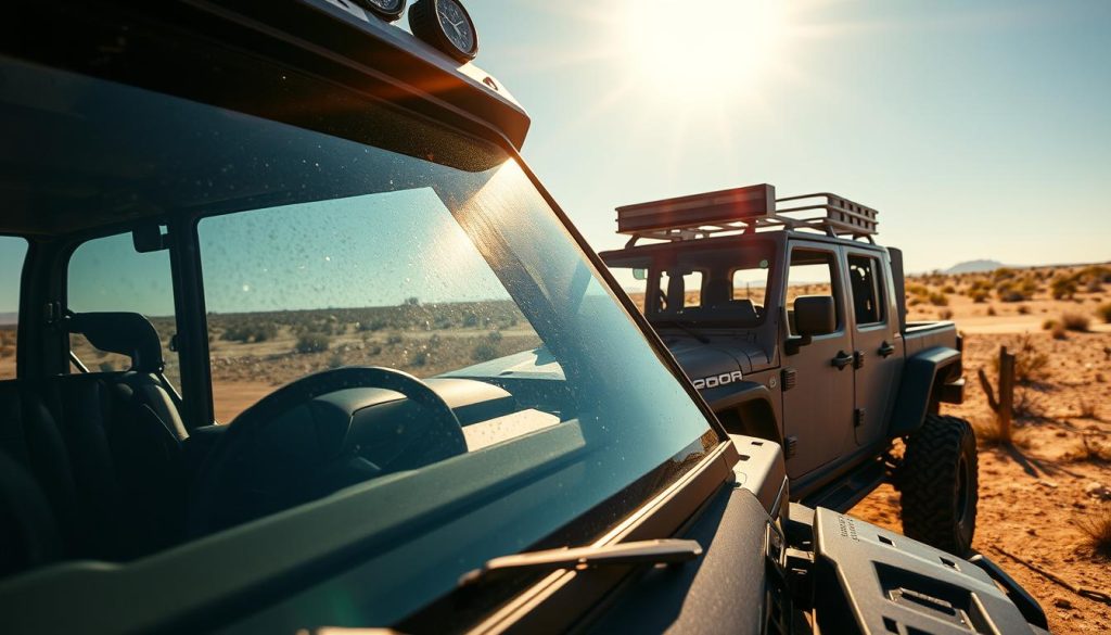 A rugged vehicle parked under the hot Texas sun, showcasing advanced weatherproofing features designed to protect against extreme conditions. In the foreground, close-ups of the windshield with protective film applied, glimmering in the sunlight to reflect heat resistance. In the middle ground, the vehicle's sturdy body is adorned with insulated add-ons, illustrating its capability to withstand scorching temperatures. In the background, a barren Texas landscape with sparse vegetation and a clear blue sky accentuates the harsh environment. The lighting emphasizes the intensity of the sun, casting sharp shadows and highlighting the vehicle's features. The scene conveys a sense of resilience and innovation, ideal for highlighting proactive measures against heat-related vehicle damage.