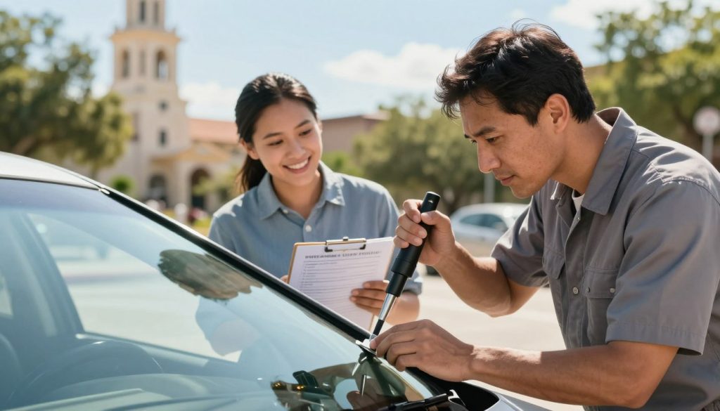 A split scene illustrating the concept of early detection saving time and money related to windshield inspections for drivers in San Antonio. In the foreground, a professional mechanic in a neat uniform inspects a car windshield, examining it closely with a specialized tool, showcasing attention to detail. In the middle ground, a happy driver watches with a relieved expression, holding a clipboard with checklists, symbolizing proactive maintenance. In the background, iconic San Antonio landmarks are subtly included, with lush greenery under a bright blue sky, conveying a sense of optimism. The lighting is warm and inviting, mimicking a sunny afternoon, with a slight depth of field to focus on the inspection while softly blurring the surroundings, creating a reassuring and professional atmosphere.