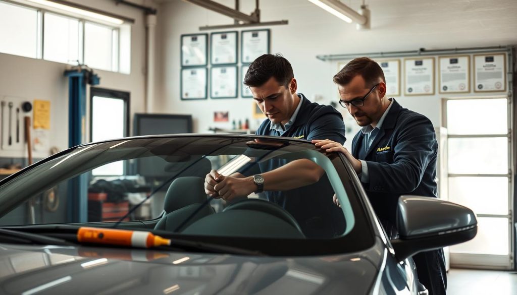 A team of certified auto glass technicians working expertly in a well-lit, organized garage setting. In the foreground, two technicians in professional business attire are carefully installing a windshield on a car, showing attention to detail and precision. The middle ground features tools like a vacuum, adhesive, and safety equipment neatly arranged, emphasizing the quality of their work. In the background, a wall displays certifications and images of completed jobs, creating an environment of professionalism and assurance. Soft, natural lighting filters through a garage window, casting gentle shadows and highlighting the technicians' focused expressions. The scene conveys a mood of diligence and expertise in quality auto glass service, instilling trust in viewers.