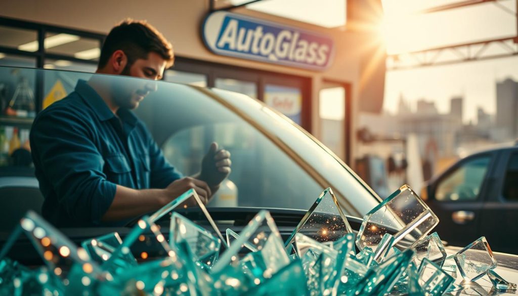 A vibrant community scene showcasing local auto glass services in San Antonio, centered around a friendly technician in professional attire, meticulously inspecting a gleaming back glass. In the foreground, depict gleaming glass shards arranged artistically to symbolize community engagement and effort in vehicle repairs. The middle ground features a warm, welcoming auto glass shop with large windows displaying various glass types and tools. The background showcases the sunny San Antonio skyline, hinting at local landmarks. Soft, natural lighting casts a warm glow over the scene, with a slight lens flare effect to enhance the inviting atmosphere. Capture a genuine sense of community focus and dedication to safe vehicle repairs, emphasizing professionalism and care.