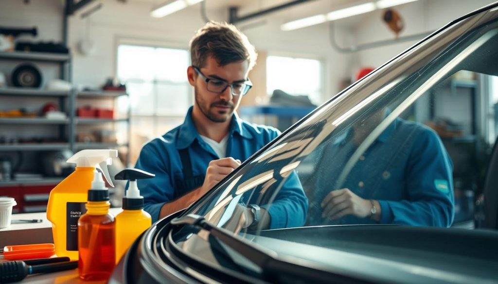 A bright, sunlit auto glass service shop featuring a skilled technician in a blue uniform and safety glasses, expertly inspecting a windshield with a close-up of their tools and equipment. In the foreground, display a clean workbench filled with glass repair tools and solutions, emphasizing precision and professionalism. In the middle ground, a partially repaired windshield reveals detailed close-ups of the glass and wiper mechanisms, showcasing wear and tear. The background should portray the shop with shelves of auto parts and equipment, accentuating the business atmosphere. The lighting is bright and natural, highlighting the clarity of the glass. The mood conveys expertise, trust, and commitment to quality service in the auto industry.
