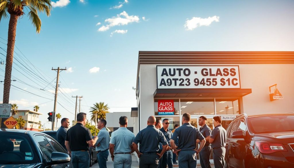 A clean and inviting local auto glass shop exterior in San Antonio, prominently featuring a large, well-lit storefront with glass repair signs. In the foreground, a diverse group of professional-looking technicians in polo shirts, engaged in conversation and ready to assist customers. The middle ground showcases several parked vehicles, emphasizing the shop's accessibility. The background features a sunny San Antonio day with blue skies, hinting at nearby palm trees and attractive urban architecture. The lighting is bright and warm, casting soft shadows to create an inviting atmosphere. Captured from a slight diagonal angle to highlight the shop's entrance and the busy street, this image conveys reliability and community service in the auto glass repair industry.
