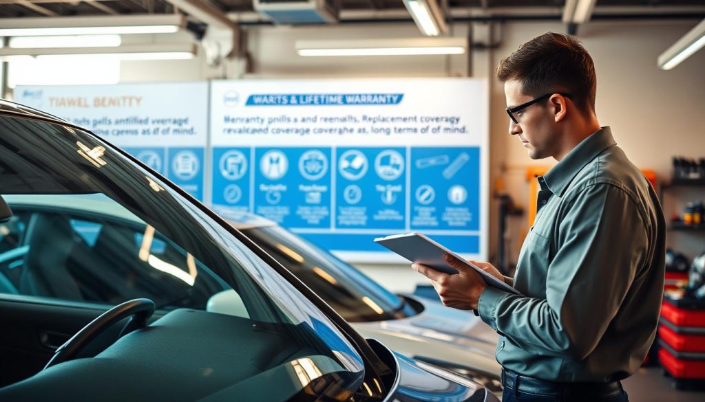 Automotive technician reviewing warranty information in a modern auto repair shop with illuminated service area and informational display on lifetime warranty coverage.