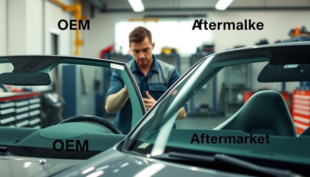 A clear comparison image illustrating the key differences between OEM and aftermarket windshields. In the foreground, display two distinctly labeled windshields side by side: the left featuring an OEM windshield with a pristine, factory-quality finish; the right showcasing an aftermarket windshield with subtle imperfections. In the middle ground, include a professional mechanic examining both windshields, dressed in business attire, highlighting their features. The background should depict a well-lit auto shop environment with tools and equipment neatly arranged, creating a professional atmosphere. Soft, natural lighting should enhance the focus on the windshields, with a slight depth of field to draw attention to the details of each product, conveying a sense of informed choice in windshield selection.