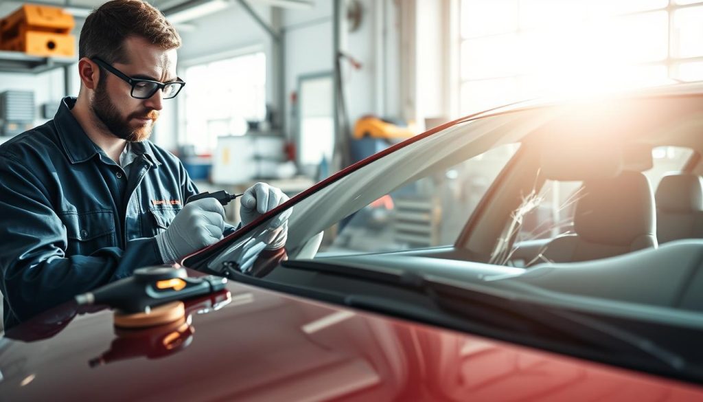 A clear, well-lit scene showcasing the benefits of timely windshield maintenance. In the foreground, a professional mechanic, dressed in a neat, branded uniform, inspects a pristine car windshield using high-tech tools, symbolizing meticulous attention to detail. In the middle ground, a sparkling clean garage reflects a sense of order and professionalism, with organized tools and equipment neatly arranged. In the background, sunlight streams through large windows, creating a warm and inviting atmosphere, highlighting the importance of regular maintenance. The scene depicts smooth, undamaged windshields alongside a contrasting image of cracked or worn windshields, emphasizing the benefits of timely care, with soft focus on the damaged glass for a subtle educational effect. The overall mood is informative yet reassuring, promoting the message of proactive vehicle care.