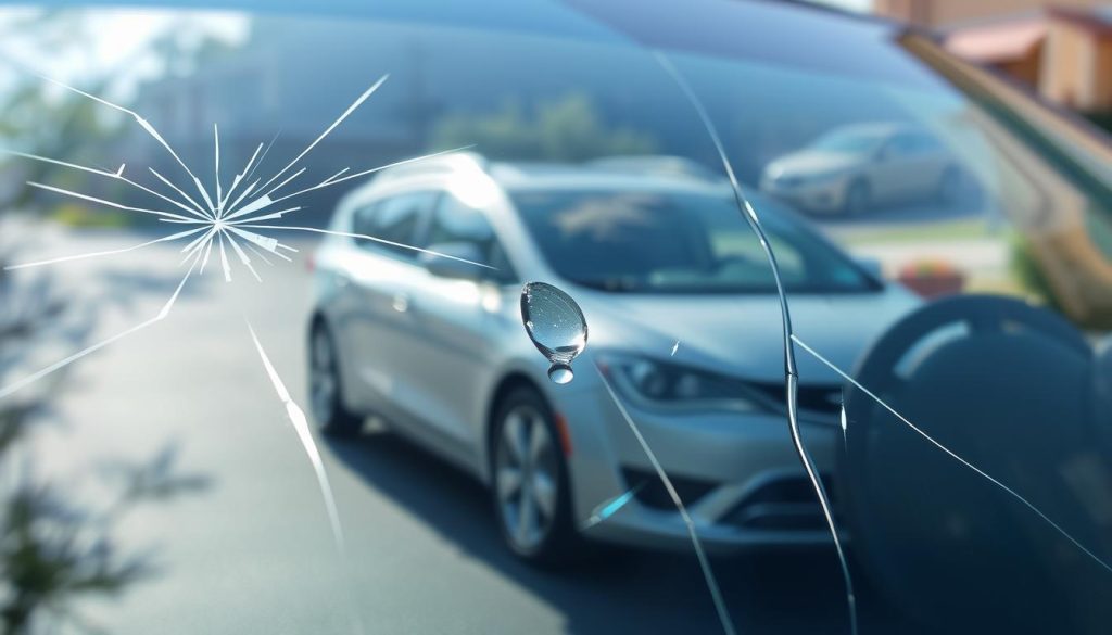 A close-up of a car windshield displaying various types of common damage. In the foreground, focus on a large star-shaped crack, a small chip, and a long, thin crack. In the middle, depict the reflection of trees and a clear sky on the glass, enhancing the glass's texture and imperfections. In the background, blurred images of a car parked on a driveway, conveying a sense of everyday life. The lighting is natural and bright, creating a hopeful atmosphere. Use a shallow depth of field to emphasize the damage on the windshield while the background remains softly out of focus. The overall mood is informative and professional, providing a clear visual representation of windshield damage types.