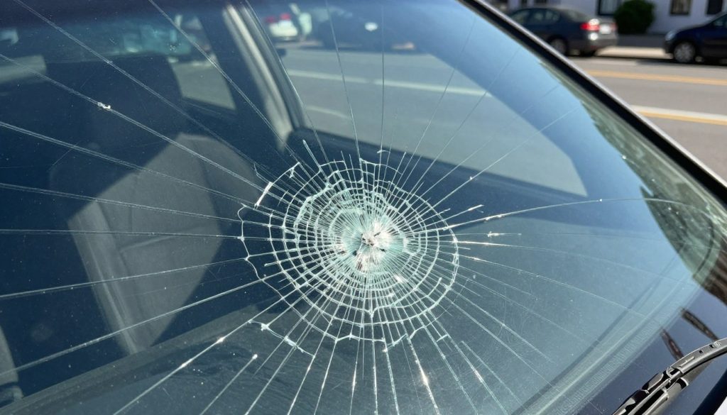 A close-up of a cracked windshield, prominently displaying multiple spider web-like fractures radiating from a central impact point. The foreground showcases the intricate texture of the glass, with sunlight streaming through, highlighting the sharp edges of the cracks and casting shadows within them. In the middle ground, a blurred view of a car interior can be seen, hinting at the vehicle’s age and wear, while in the background, a faint outline of a busy street adds depth without distracting from the main subject. The overall lighting is bright, evoking the urgency and importance of recognizing and addressing windshield damage. The atmosphere is serious and informative, emphasizing the need for immediate attention.