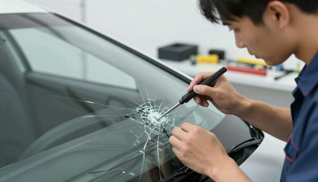 A close-up of a cracked windshield undergoing professional repair in a bright, well-lit auto shop. In the foreground, a skilled technician in a uniform meticulously applies resin to the crack, with focused expression and precise tools in hand. The middle ground features a partially repaired windshield, showcasing a transparent filling in the crack. In the background, tools and equipment related to windshield repair can be seen, creating a sense of urgency and professionalism. Soft, natural lighting illuminates the scene, enhancing the clarity of the repair process. The atmosphere feels calm and industrious, emphasizing the importance of timely windshield maintenance for safety.