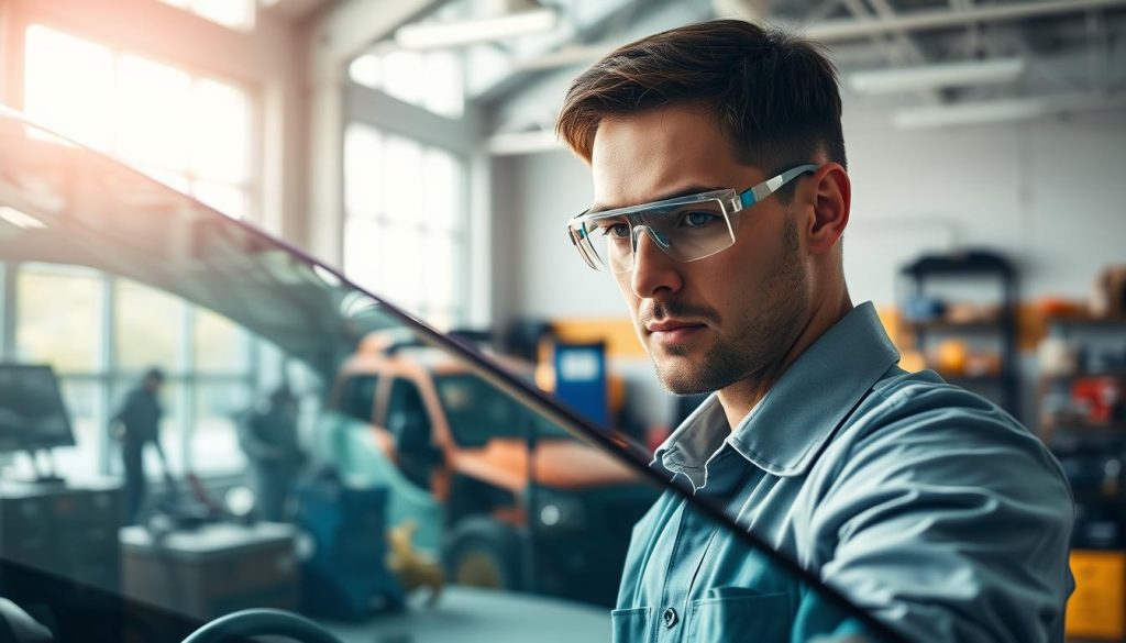A close-up of a professional auto glass technician inspecting a windshield, dressed in a neat work uniform, with safety goggles on. In the middle ground, a modern auto repair shop can be seen, showcasing various tools and equipment used for auto glass service. The background features a bright and welcoming atmosphere with large windows allowing natural light to flood the space. Soft shadows enhance the details of the technician's focused expression as they assess the windshield for potential damage. A soothing blue and white color scheme conveys trust and professionalism, while a sunlit ambiance creates a sense of confidence in insurance coverage for auto glass services. The angle captures both the technician and the repairs being discussed, making it relatable for readers to understand their insurance options.