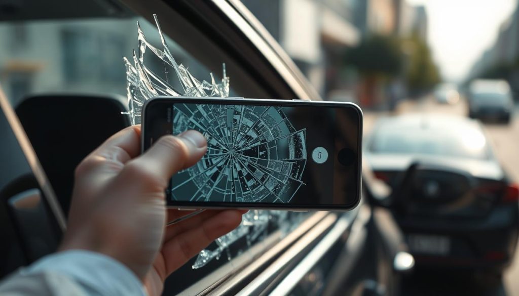 A close-up shot of a shattered side window of a car, with sharp glass shards glistening under soft, natural daylight. In the foreground, a hand holds a smartphone, capturing images of the damage, with a clear focus on the broken glass. The middle ground features the car door, partially ajar, displaying the wrecked window frame. In the background, a blurred urban setting creates context, with hints of a busy street scene, ensuring the focus remains on the car. The mood reflects concern and professionalism, emphasizing the importance of documenting the incident for insurance or reporting purposes. The image should have a crisp, sharp focus, mimicking a shallow depth of field to draw attention to the damage while maintaining a sense of urgency.