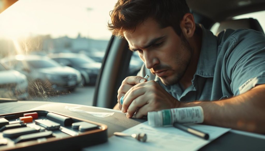 A close-up view of a DIY auto glass repair scene, featuring a professional-looking repair technician in modest casual clothing, carefully applying a resin to a cracked windshield. The foreground shows a well-organized repair kit with tools and instructions neatly arranged. In the middle ground, the technician focuses intently on the repair process, showcasing the risks of DIY fixes through visual details like a frowning expression and a mishandled tool beside the kit. The background includes a blurred view of a parking lot with several vehicles, emphasizing the commonality of such issues. The lighting is soft and natural, simulating an outdoor environment, while a slight lens flare adds a sense of urgency and realism. The overall mood conveys caution and the potential hazards of delaying professional repairs.