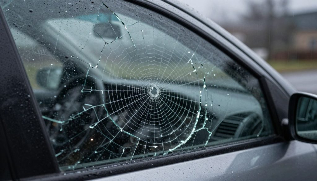 A close-up view of a broken car window, showcasing the intricate spiderweb pattern of shattered glass fragments scattered both inside and outside the vehicle. The foreground features sharp shards reflecting light, creating a contrast with the smooth, intact portions of the window frame. The middle ground reveals a blurred view of the car's interior, hinting at the vehicle's condition while emphasizing the damaged window. In the background, a moody atmosphere is set by dark, overcast skies with raindrops streaking down, suggesting the impact of weather on glass integrity. The lighting is soft, diffusing the natural light filtering through the broken glass, enhancing the somber mood and highlighting the importance of examining door glass for potential replacement.