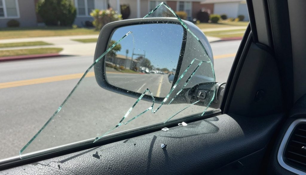 A close-up view of a broken car window, with shards of glass scattered on the interior of the car. The foreground features the jagged edges of the glass, glinting in the sunlight, creating a stark contrast with the dark upholstery of the car's interior. In the middle ground, the door panel shows signs of forced entry, with the lock damaged and the weather stripping partially torn. The background reveals a suburban street, slightly blurred, to emphasize the focus on the broken glass. The lighting is bright and sunny, casting sharp shadows that highlight the glass's texture. The overall mood conveys a sense of damage and the need for repair, fitting the theme of safety and restoration.
